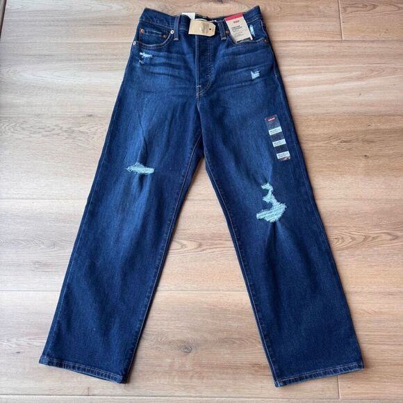 NWT Levi’s Women’s Ribcage Ankle Straight Dark Distressed Jeans Size 26 - Picture 3 of 8